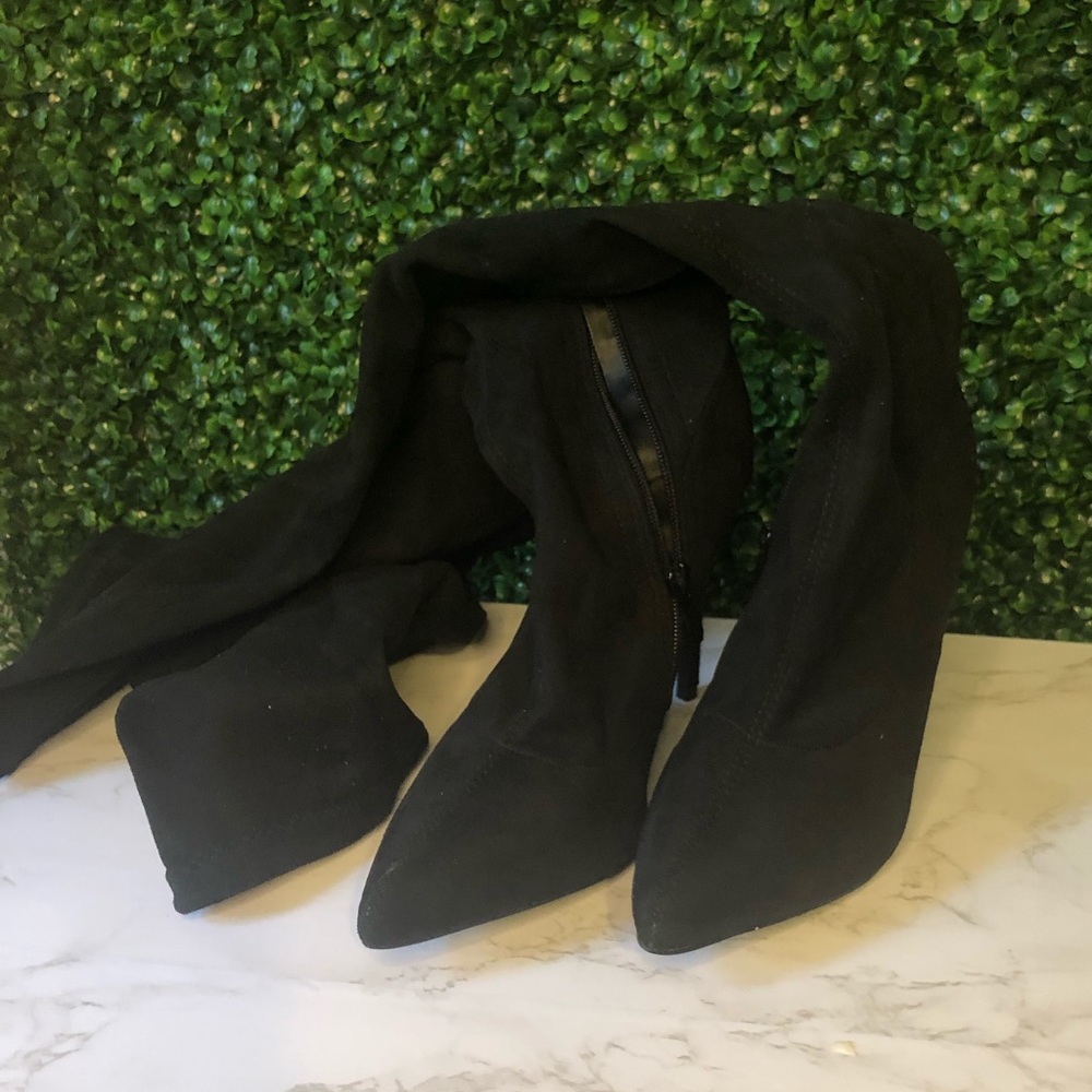 Fashion nova black pointed heel high knee boots